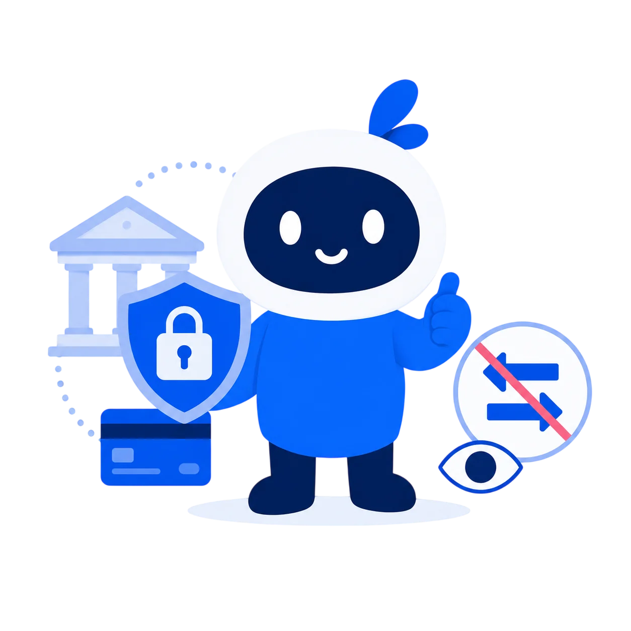 Mascotte Uniance con icone di sicurezza, banca in sola lettura e nessun movimento di denaro.